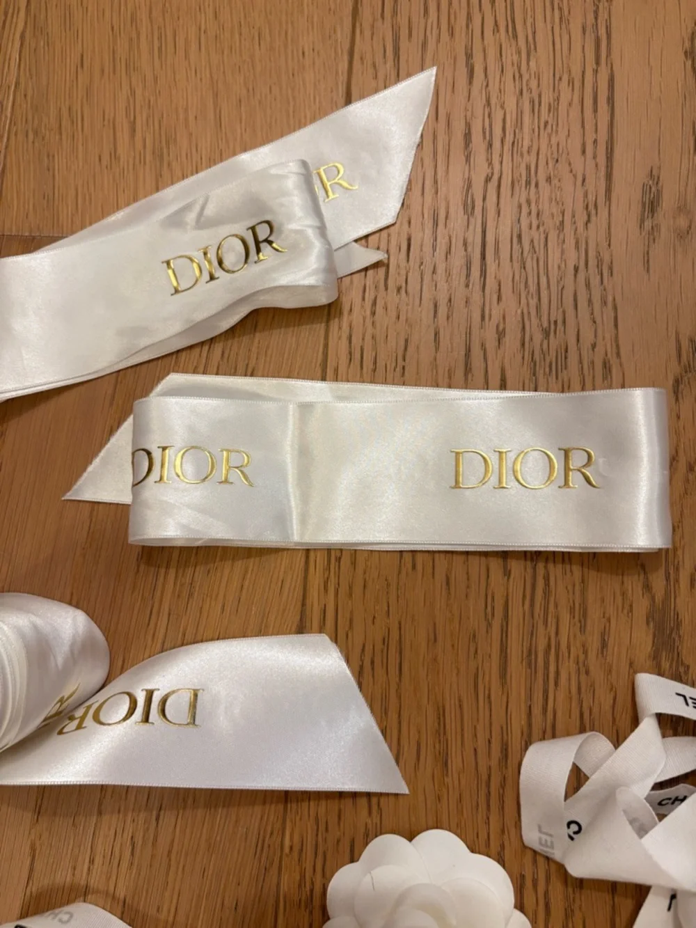 Dior & Chanel White Satin Logo Ribbons with White Camellia Flowers